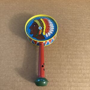 Vintage Native American Chief Tin Litho Rattle Noisemaker Whistle Japan Rare